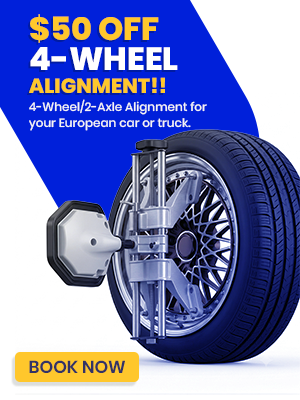 Ad with a tire for the $50 4-wheel 2 axle alignment special.